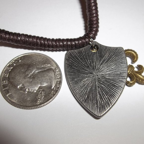 Mixed Metal Medallion Cord Necklace Fleur De Lis Unisex Silver Bronze Brown C227 - Picture 5 of 8